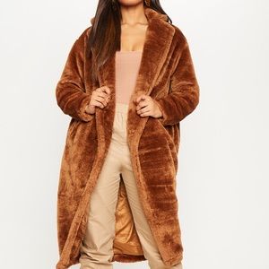 Tall Brown Faux Fur Long Line Coat
